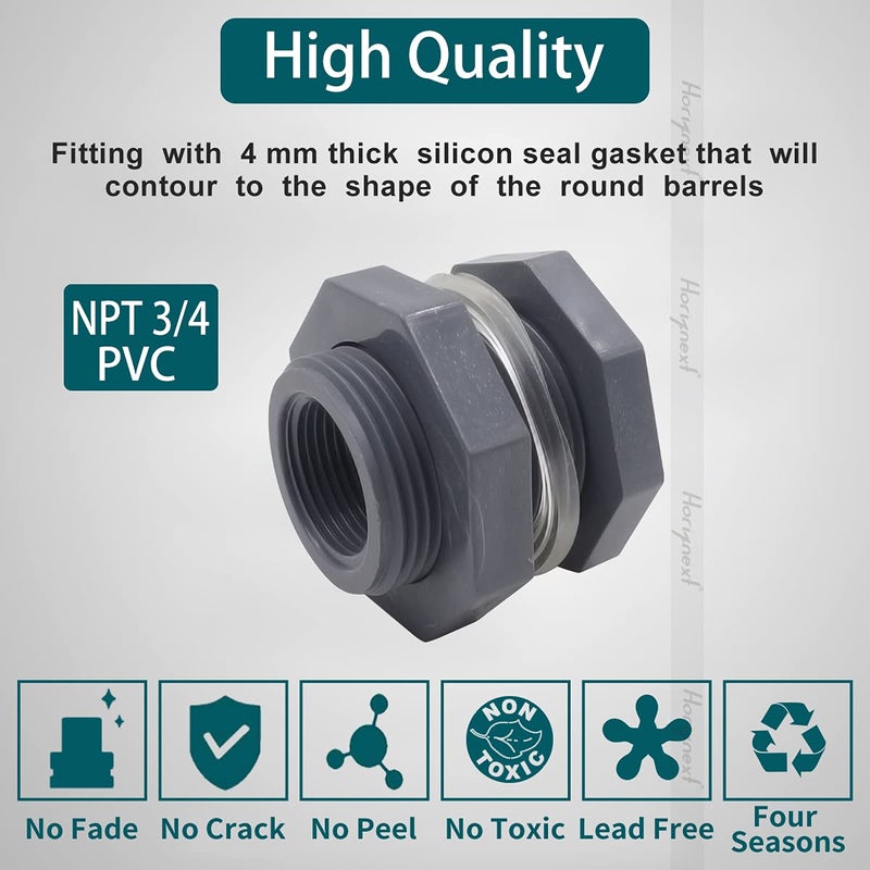 Horiznext NPT 1"" PVC Bulkhead Fitting  Plastic Pipe Connector for rain Barrel Garden Hose Adapter Spigot kit Water Tank Gallon Drain Bucket (pack of 2 pcs) - Image 3